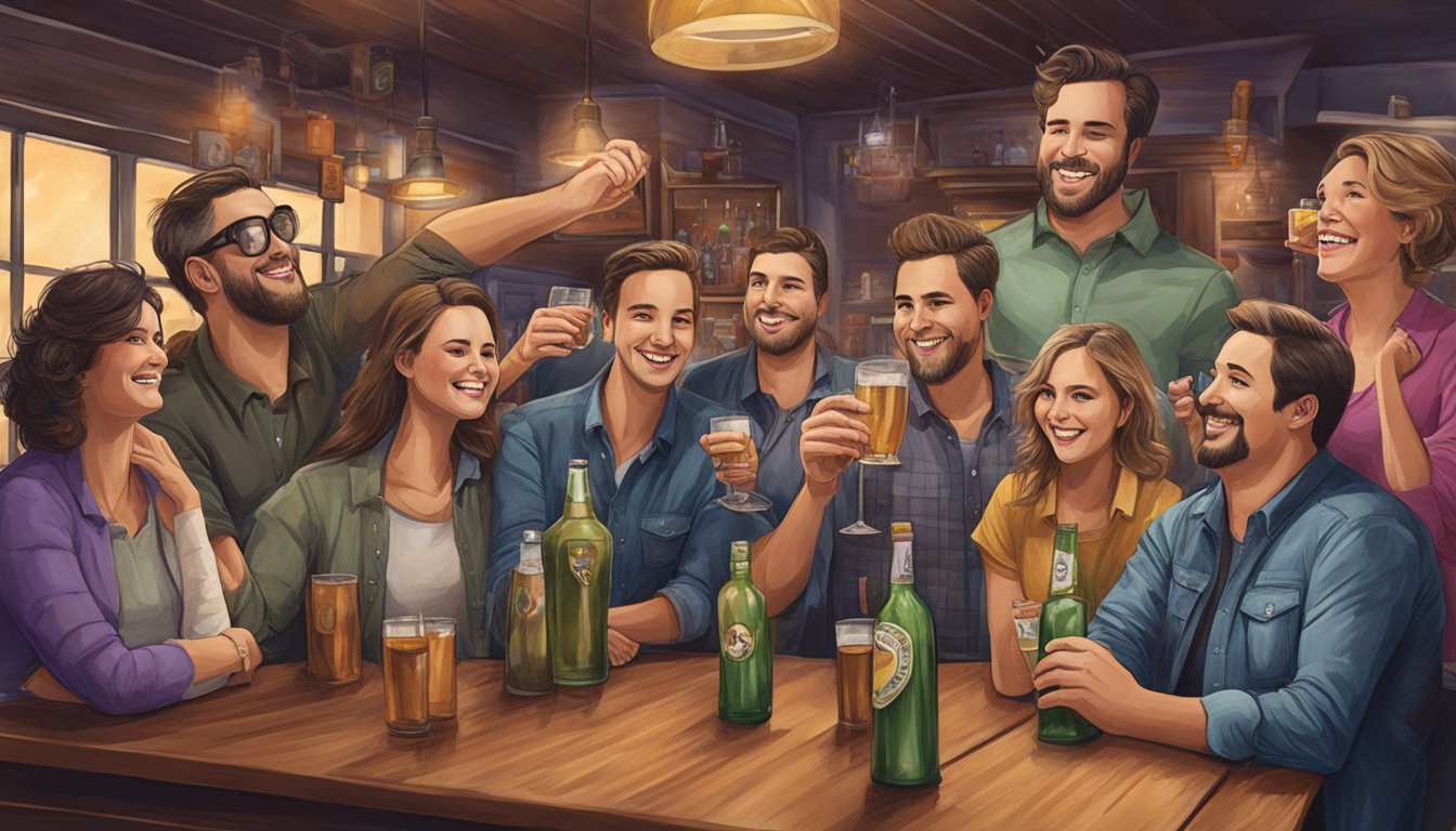 A group of people celebrating at a bar in Walker County, Texas, with drinks in hand