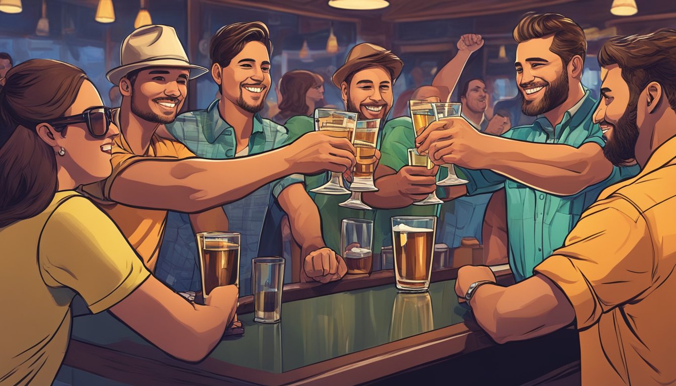 A group of people at a bar in Victoria County, Texas, raising their glasses in celebration