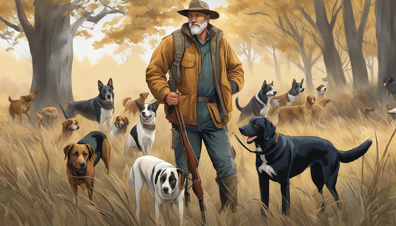 A hunter with multiple hunting dogs, each displaying different skills and abilities, standing in a field surrounded by trees and brush