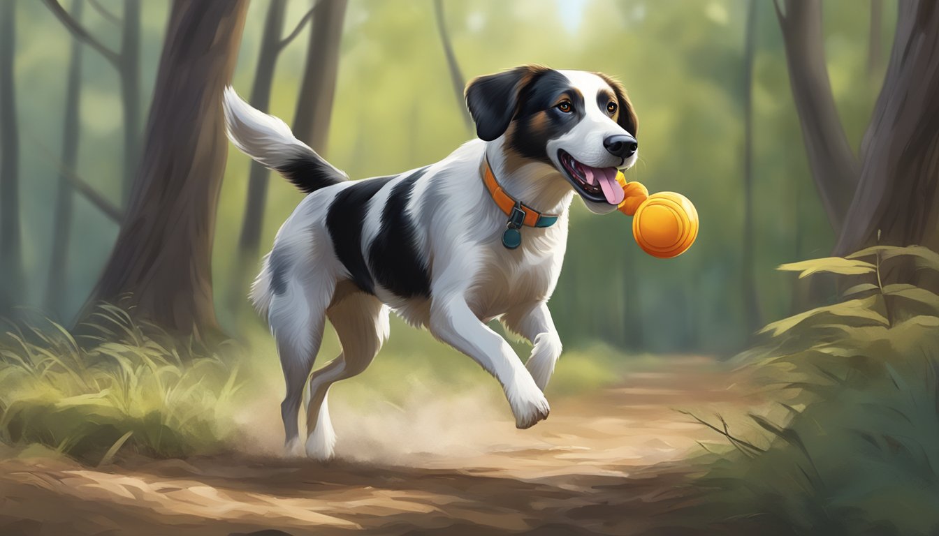 A hunting dog joyfully carries a toy in its mouth while exploring a wooded area, with its tail wagging and ears alert