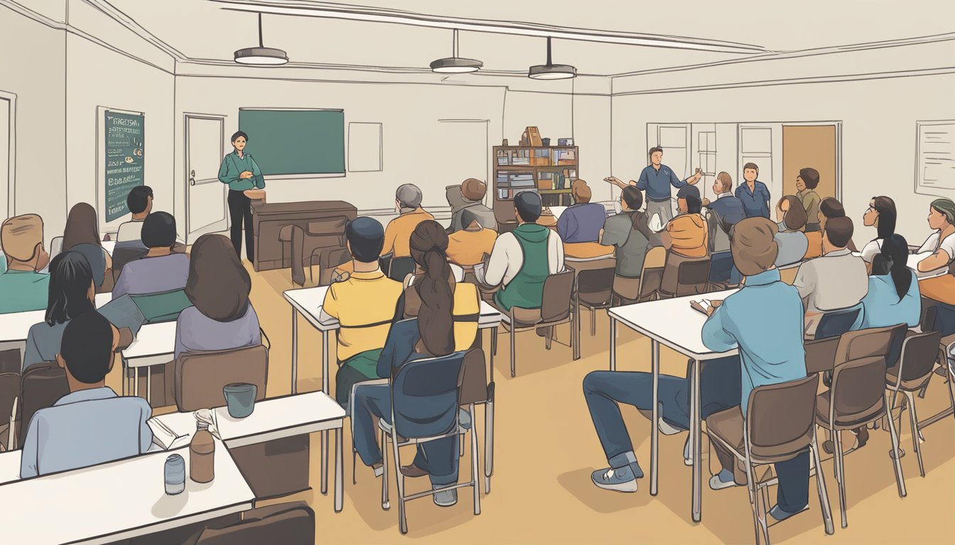 A group of people attending an alcohol education and prevention program in Wheeler County, Texas. The scene includes a classroom setting with informational materials and a presenter