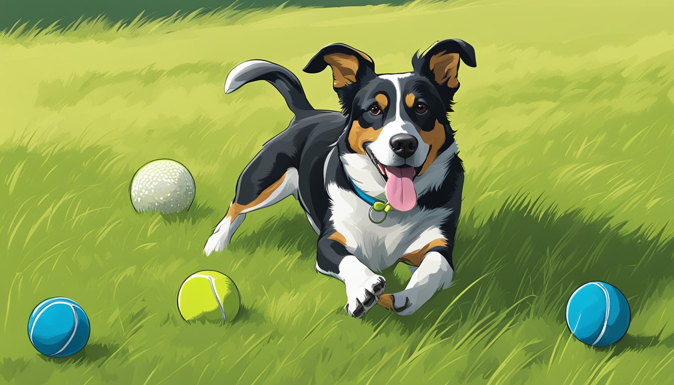 A hunting dog's toys scattered across a grassy field, with a dog happily playing with a chewed-up tennis ball