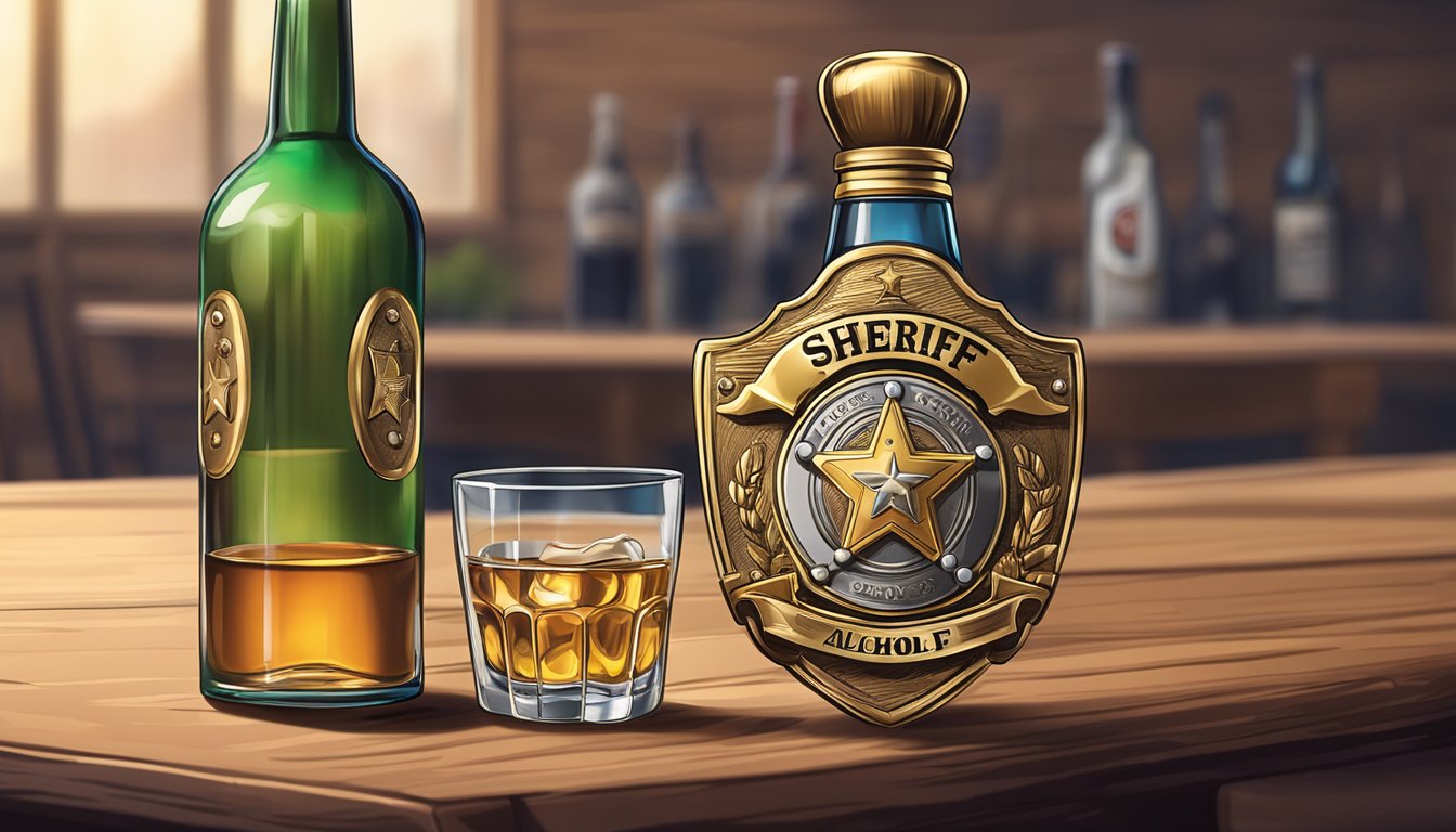 A sheriff's badge and a bottle of alcohol displayed on a table