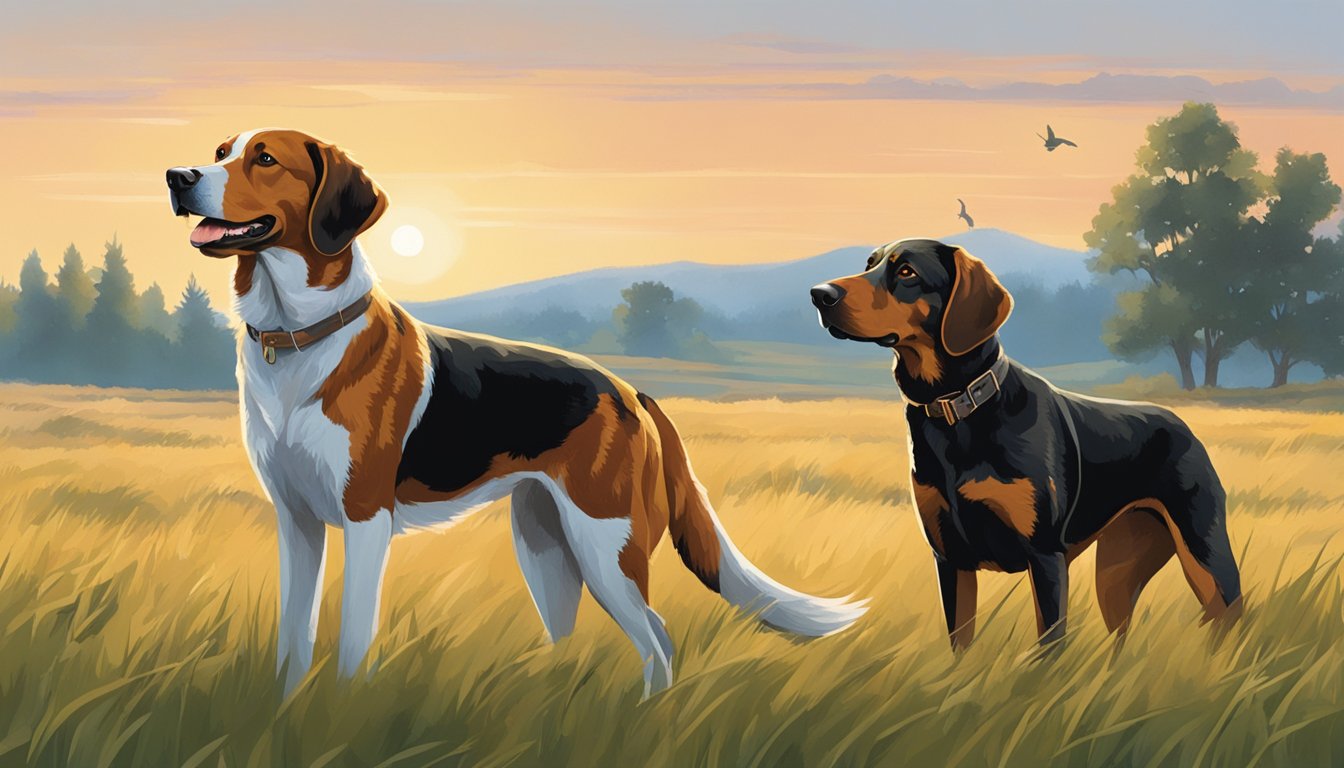 Two hunting dogs stand in a grassy field, one with a pheasant in its mouth. A person observes from a distance, contemplating how many puppies to select