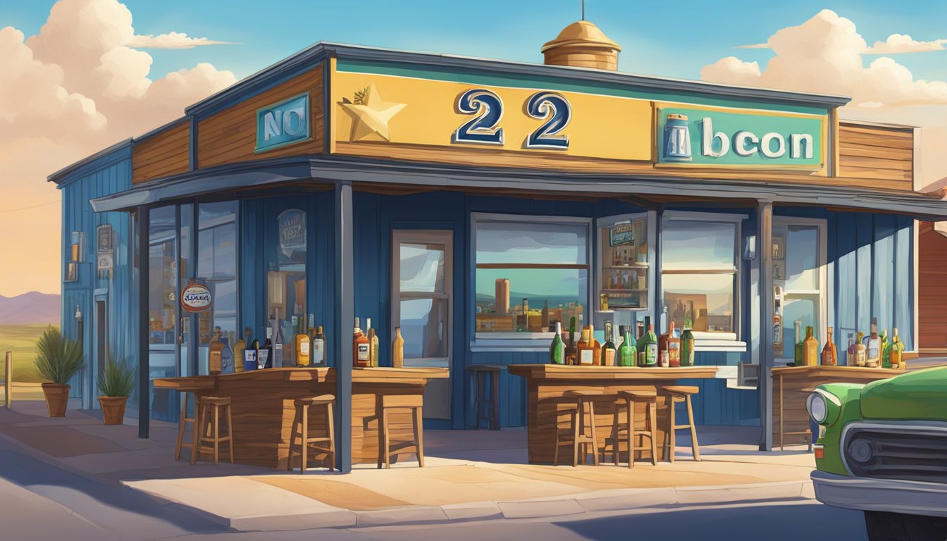 A small town bar with a "no alcohol under 21" sign, surrounded by rolling Texas plains under a bright blue sky