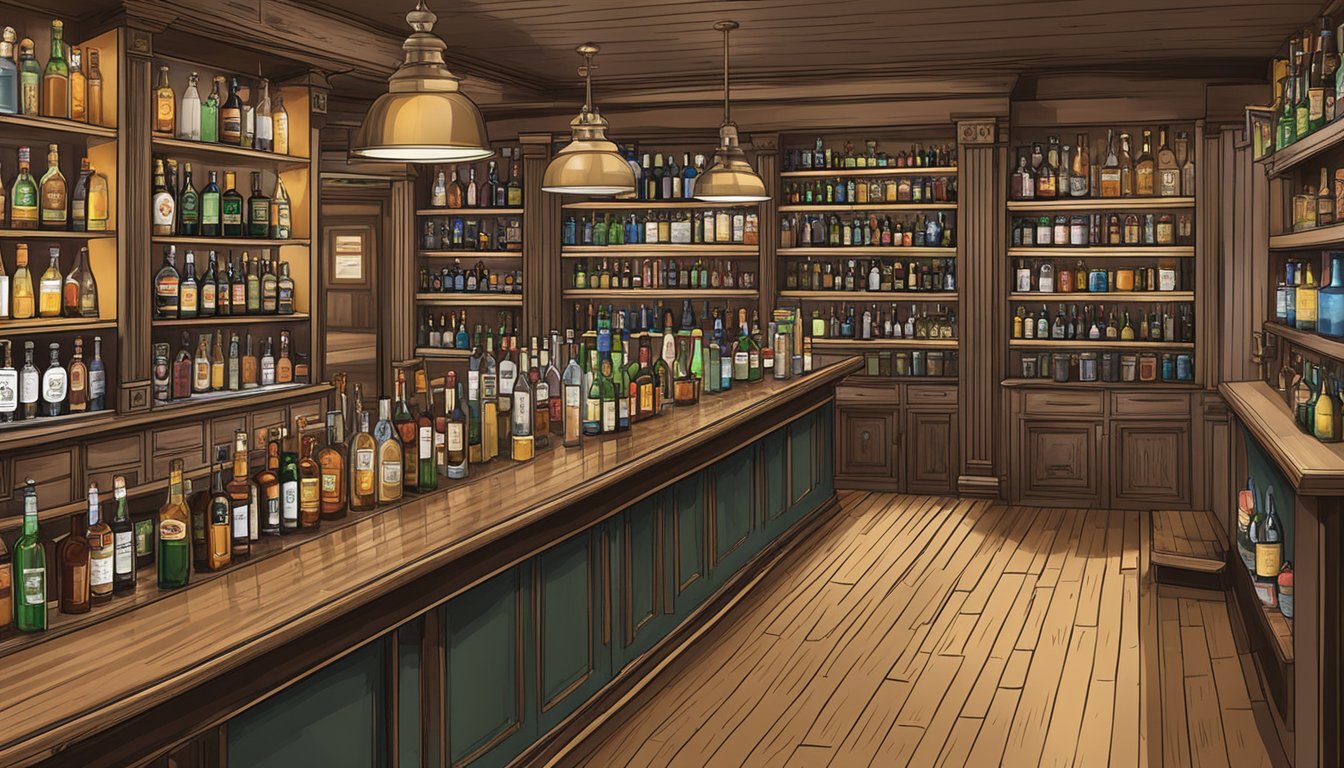 A bustling bar with shelves of various alcoholic beverages and a prominently displayed license for Victoria County, Texas