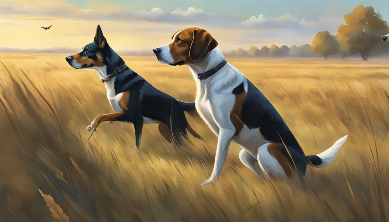 Two hunting dogs being trained in a vast open field, one retrieving a fallen bird while the other stands alert, awaiting the next command