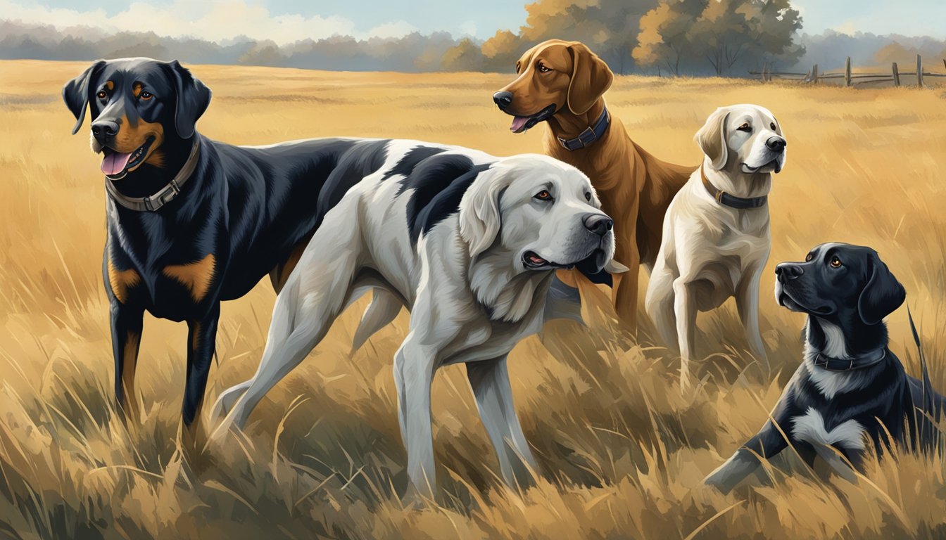 Several hunting dogs of various breeds standing together in a field, with one dog pointing and another retrieving a fallen bird