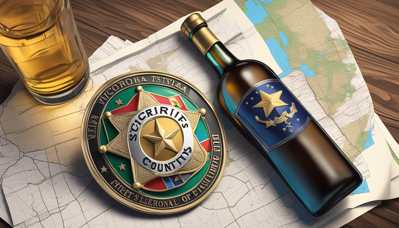 A sheriff's badge and a bottle of alcohol on a table, surrounded by legal documents and a map of Victoria County, Texas