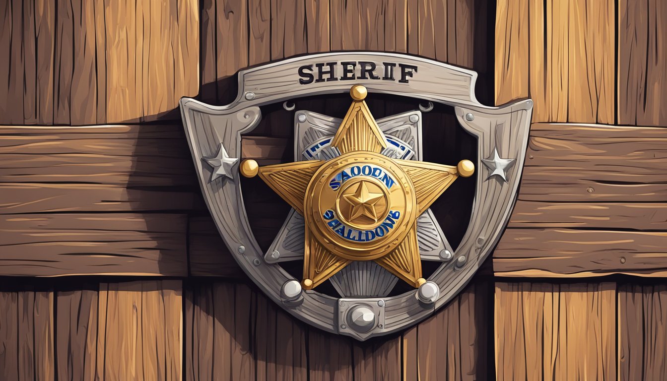 A sheriff's badge pinned to a wooden post outside a saloon