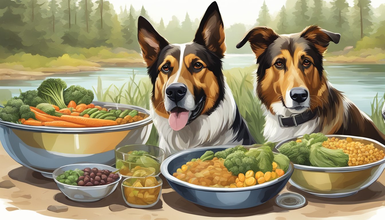 Two energetic hunting dogs eagerly awaiting their meal, surrounded by bowls of nutritious food and fresh water