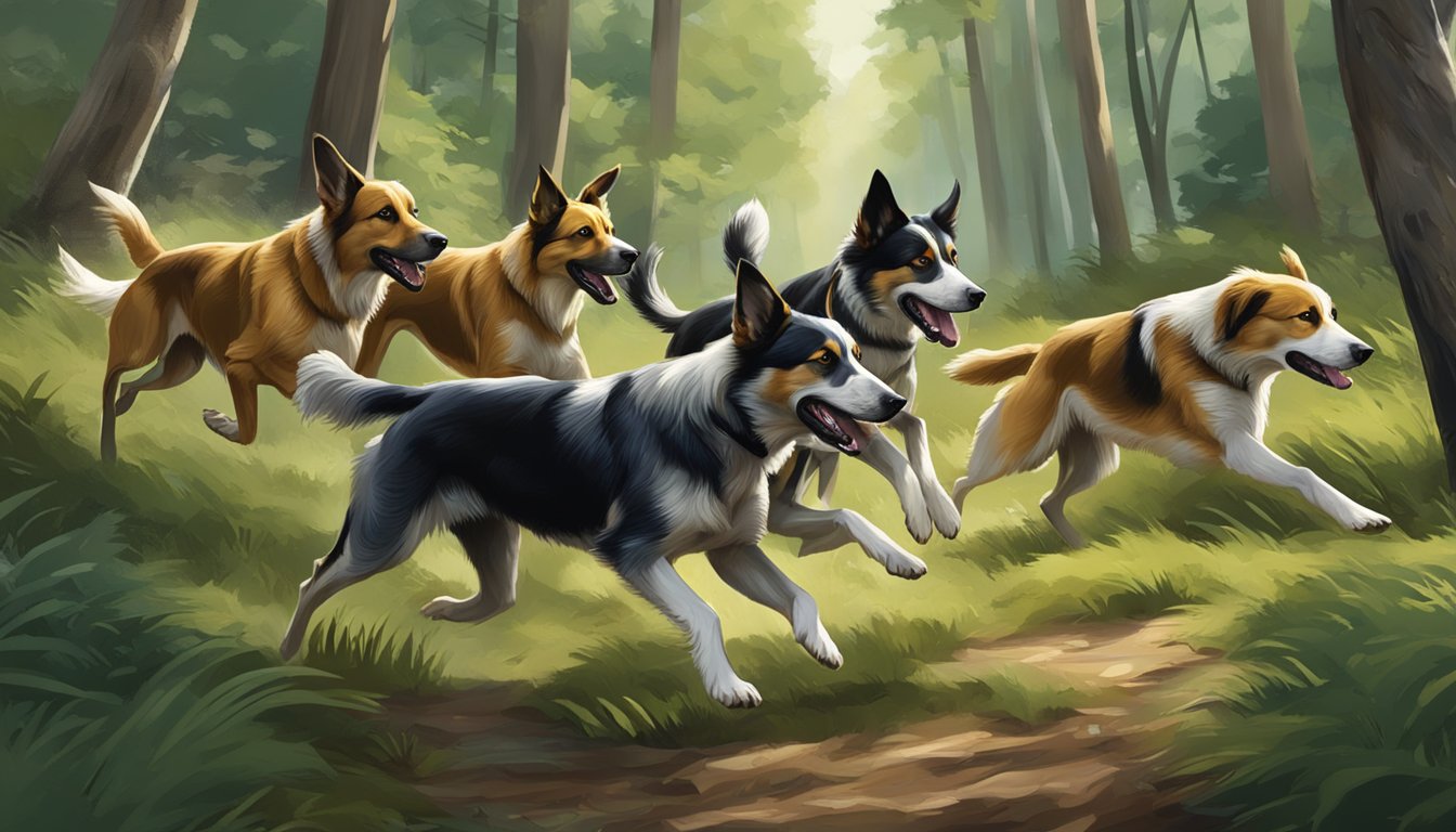 A pack of hunting dogs running through a lush forest, noses to the ground, tails wagging eagerly