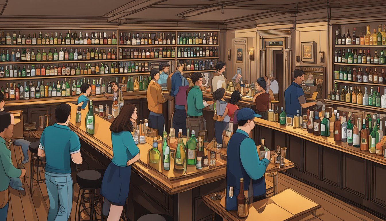 A busy bar with patrons chatting, bartenders mixing drinks, and shelves stocked with various alcohol bottles