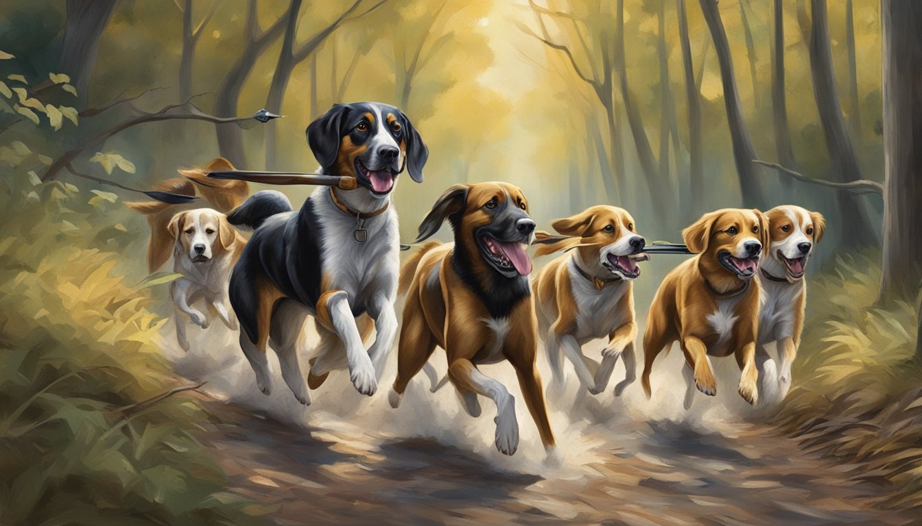 A group of hunting dogs running through a wooded area, with one dog carrying a retrieved bird in its mouth