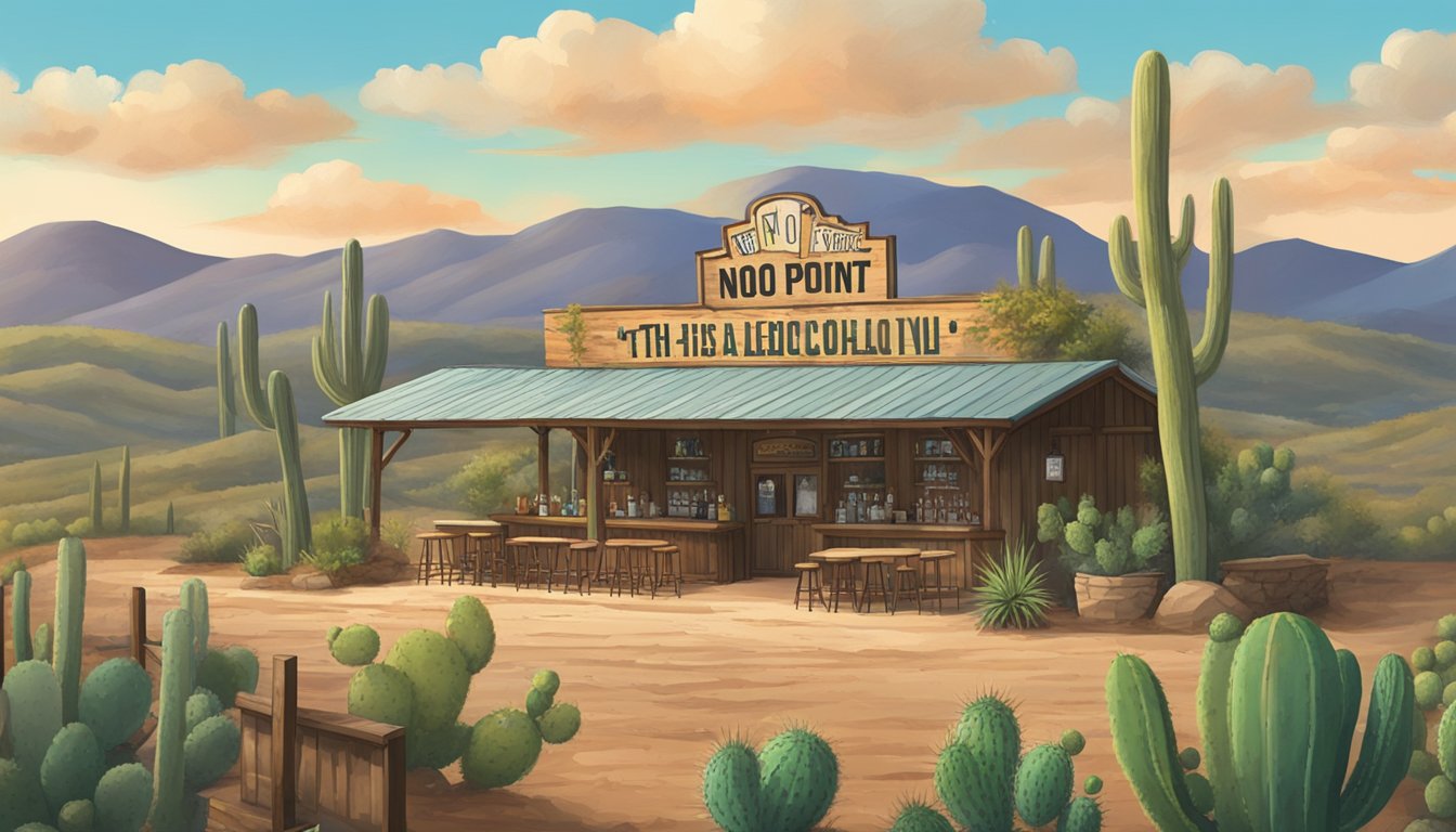 A rustic bar with a "No Alcohol Beyond This Point" sign, surrounded by rolling hills and cacti in Val Verde County, Texas