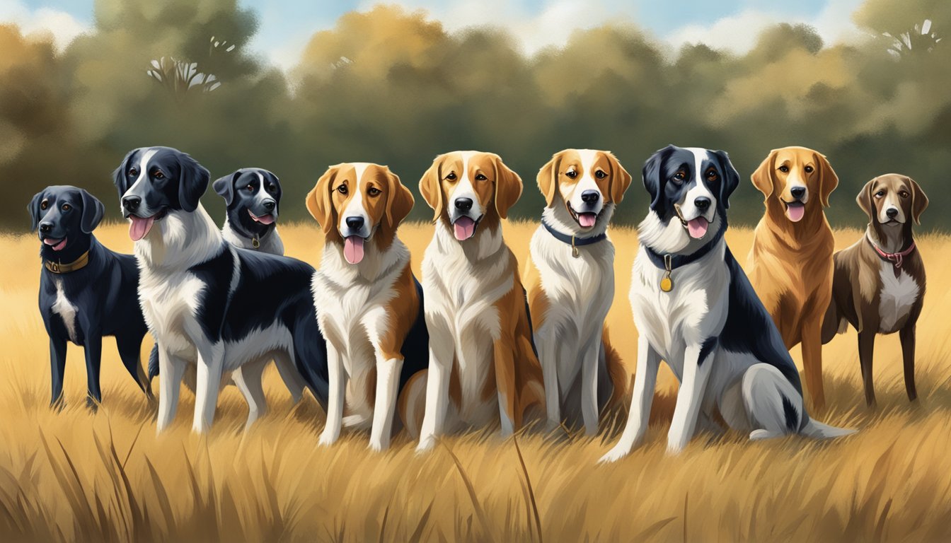 Several hunting dogs stand in a field, their tails wagging as they eagerly await their owner's command