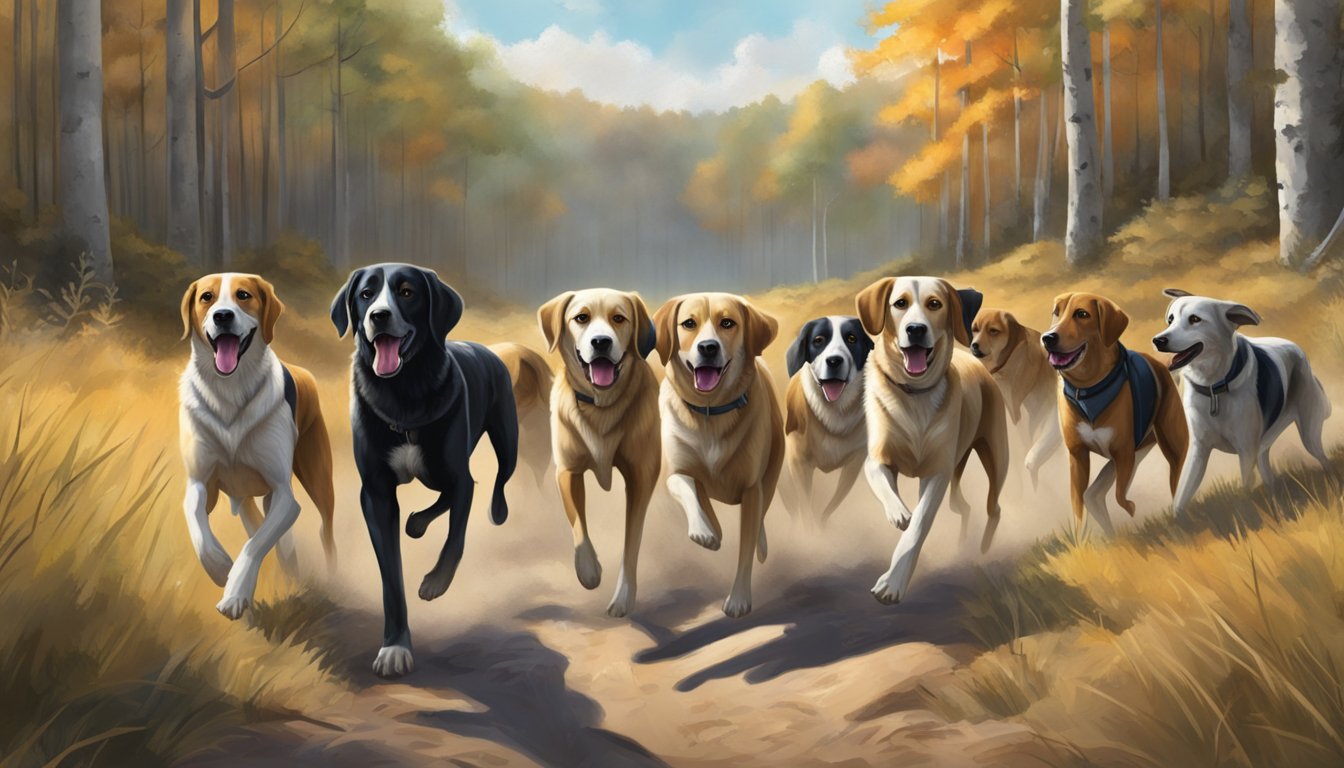 A pack of hunting dogs roam through a vast, wooded landscape, their keen senses alert as they search for their quarry