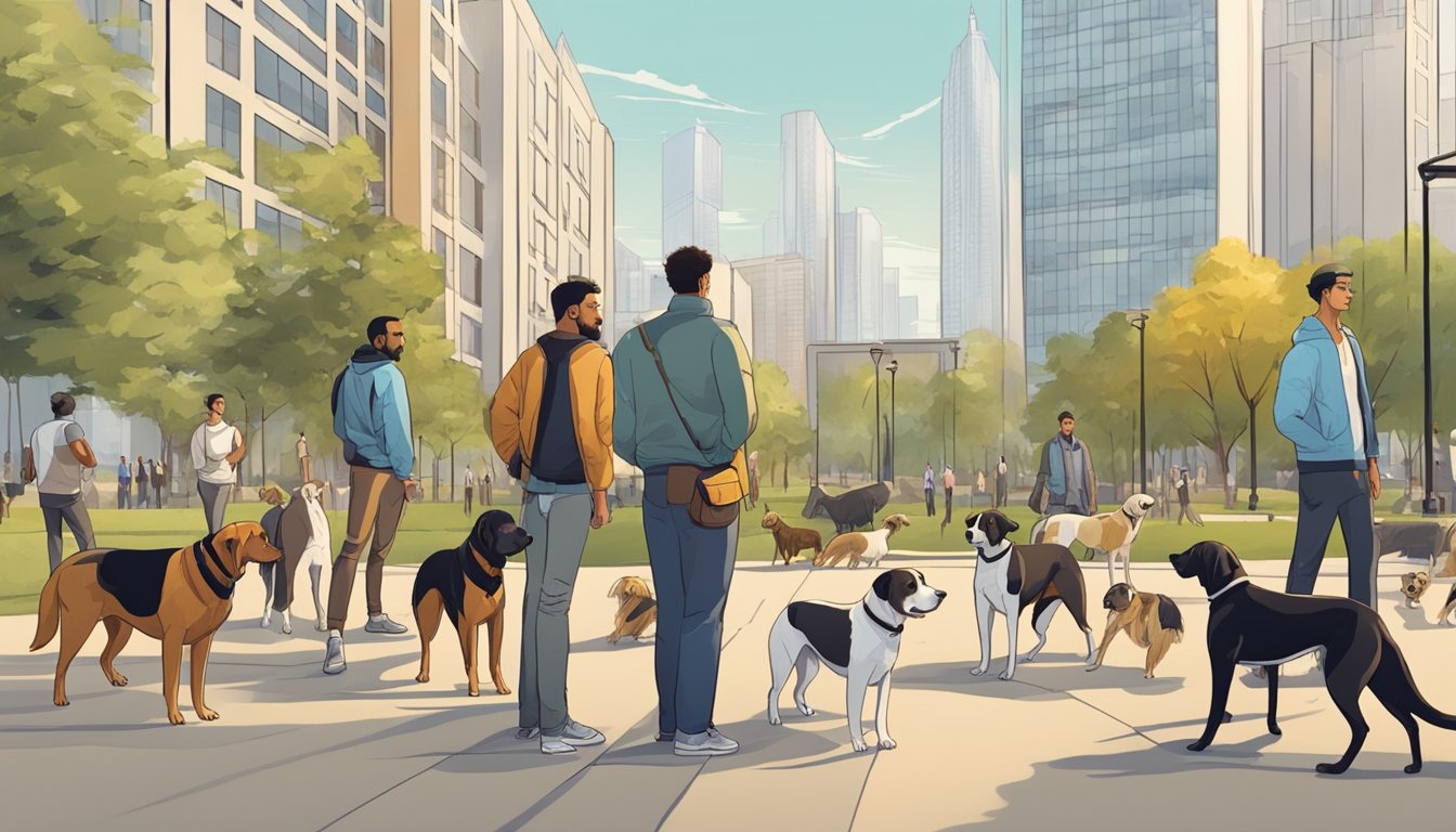 Several hunting dogs of various breeds stand in a modern urban park, surrounded by people and buildings. They are alert and eager, ready for action