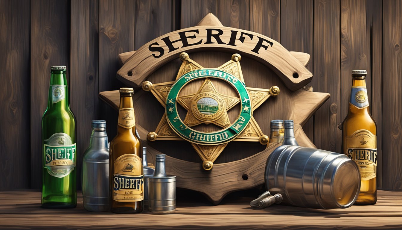 A sheriff's badge pinned to a weathered wooden signpost, surrounded by empty beer bottles and a discarded liquor license