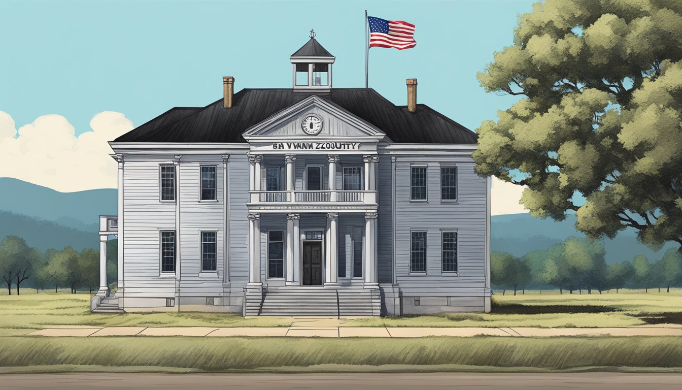 A rustic courthouse with a "Van Zandt County" sign, surrounded by rolling hills and a clear blue sky