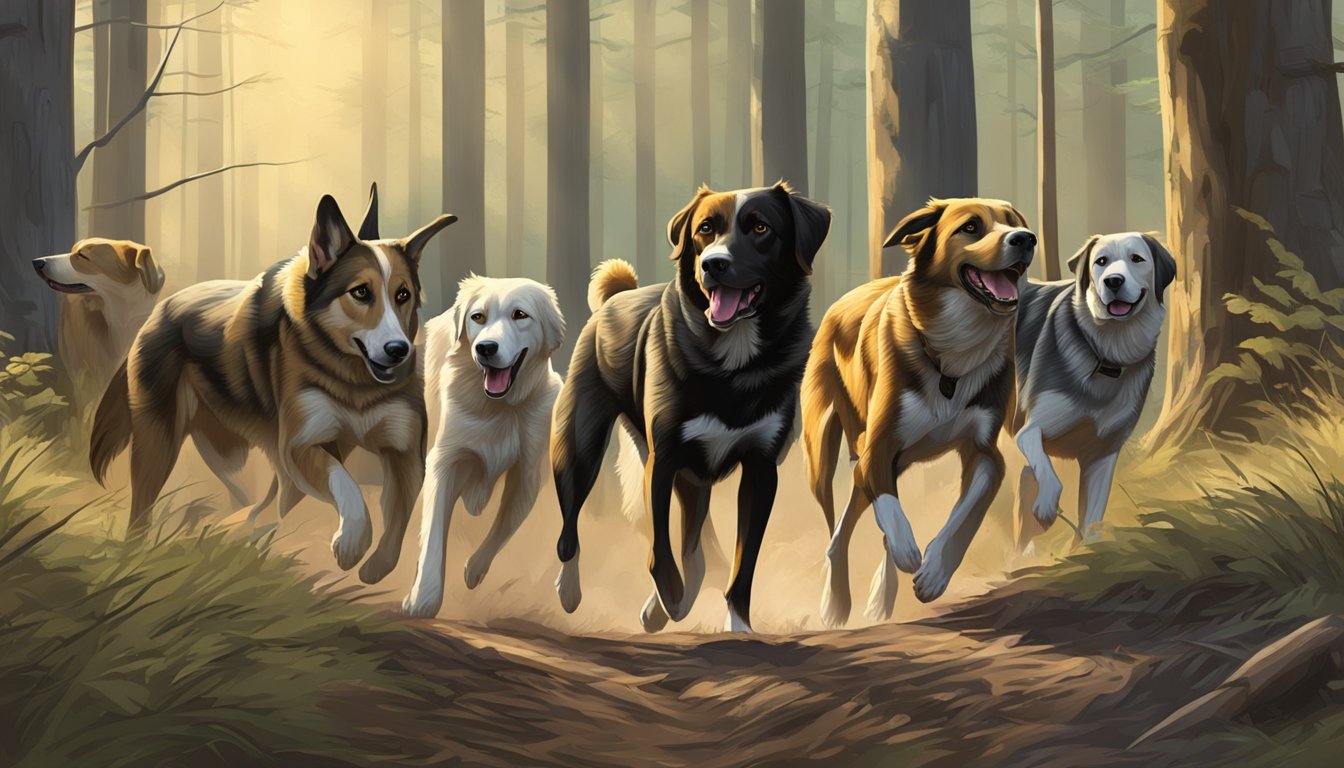 A pack of hunting dogs roam through a forest, their noses to the ground as they track their prey