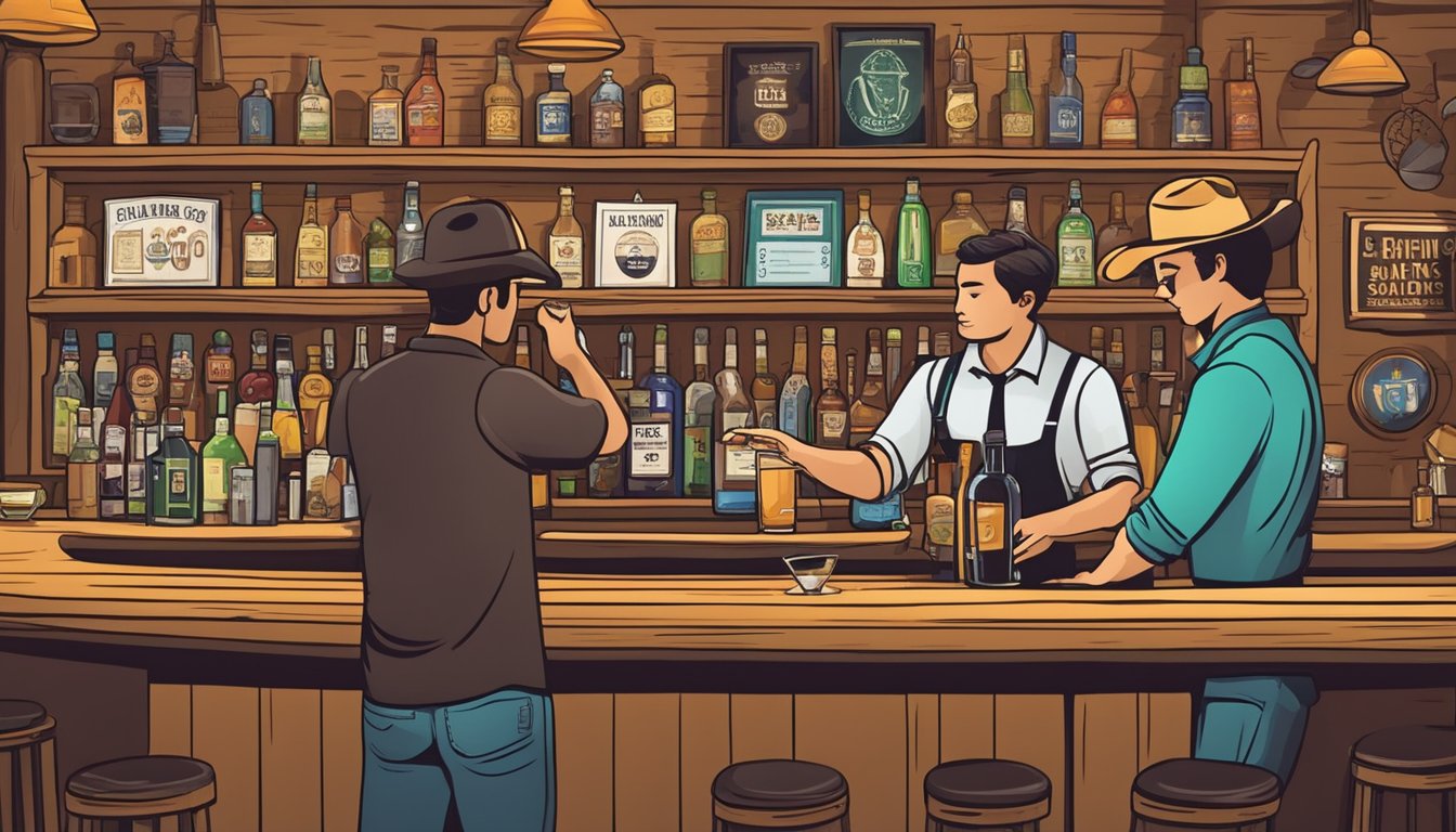 A bartender checking the ID of a customer at a bar in Val Verde County, Texas, with signs displaying the legal drinking age and sale restrictions