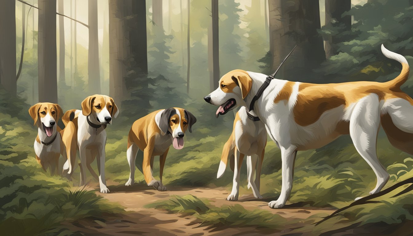 A pack of hounds eagerly sniffing the ground, tails wagging, as they prepare to track and hunt prey through a lush forest