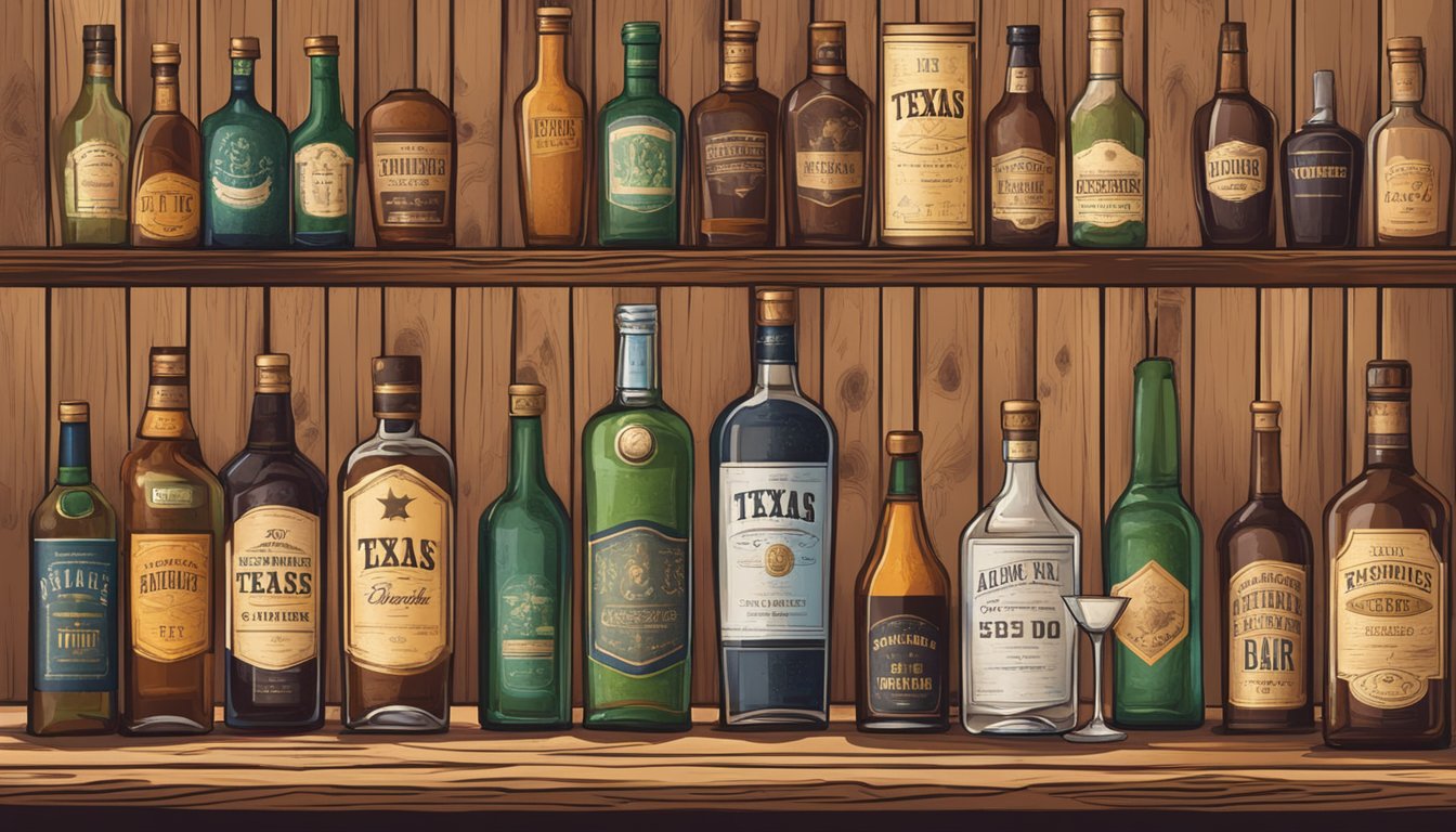 A rustic bar with Texas Alcoholic Beverage Code books on the counter, surrounded by bottles and glasses