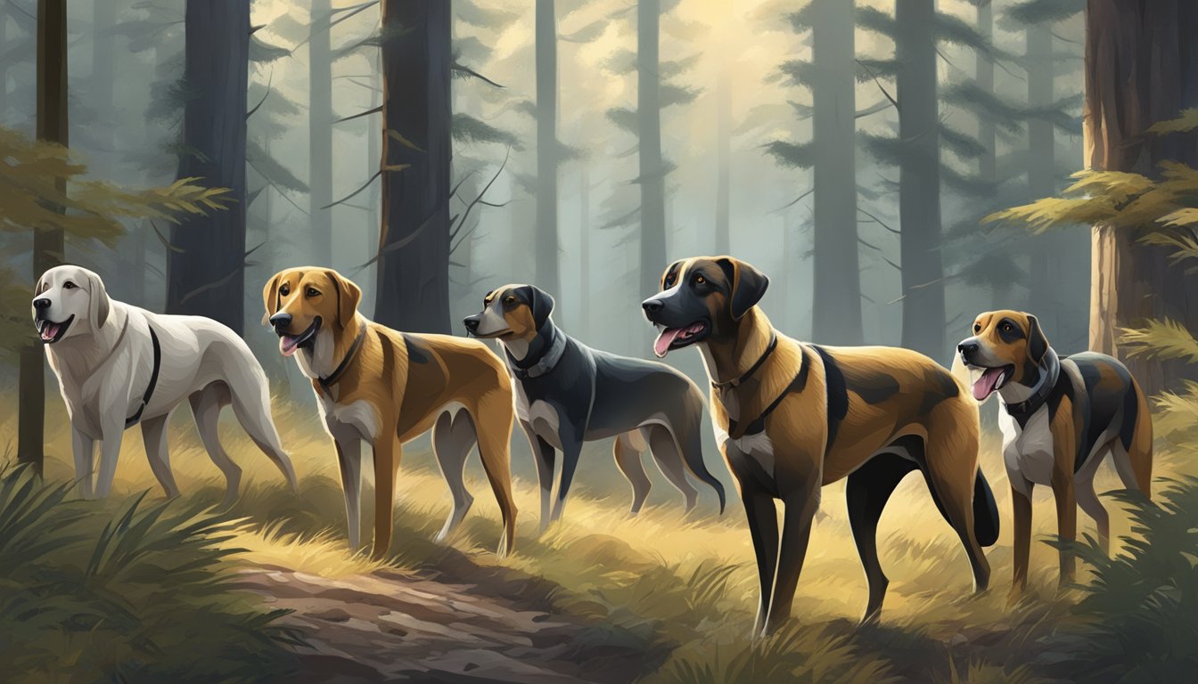 A pack of various hunting dogs roam through a dense forest, their noses to the ground as they search for their prey