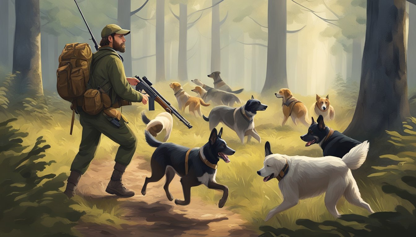 A hunter with a rifle and a pack of dogs moving through a forested area. The dogs are eagerly sniffing the ground and the hunter is scanning the surroundings