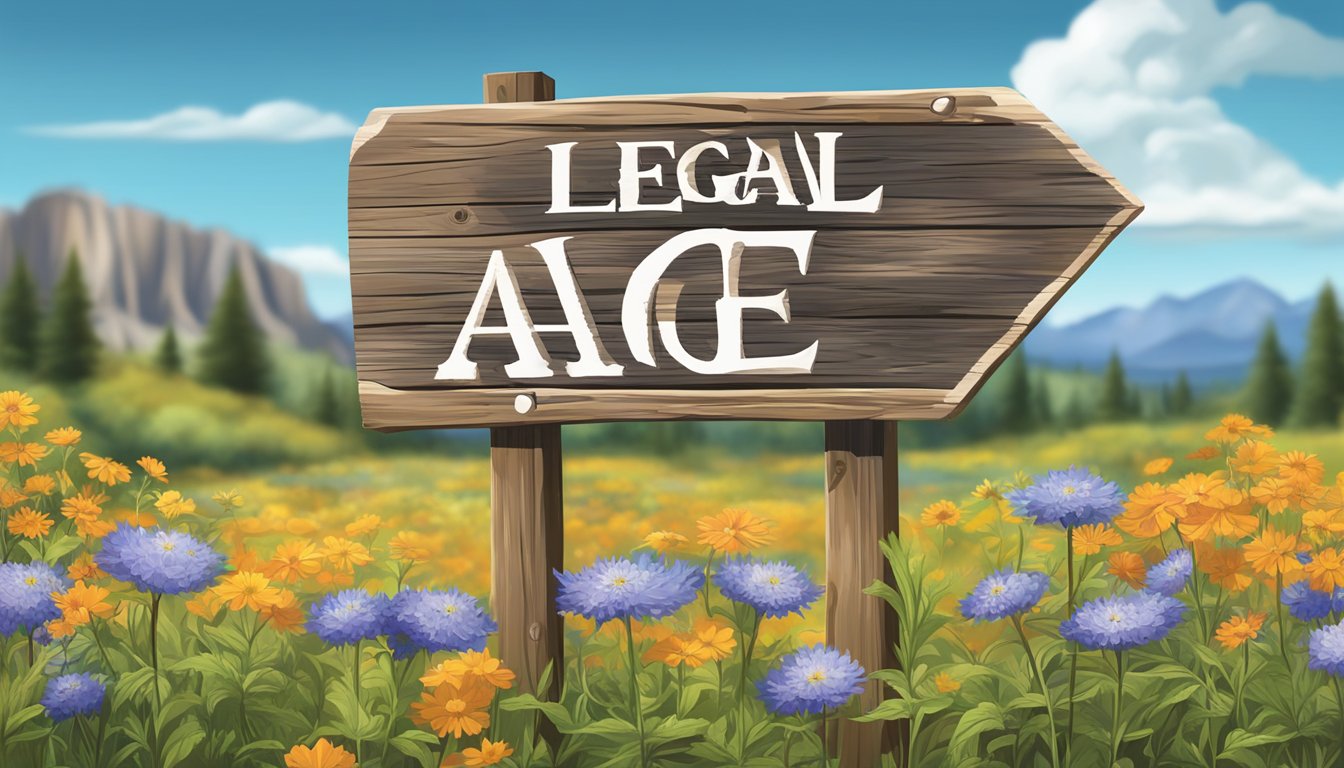 A rustic wooden sign with "Legal Drinking Age" written on it, surrounded by Texas wildflowers and a clear blue sky