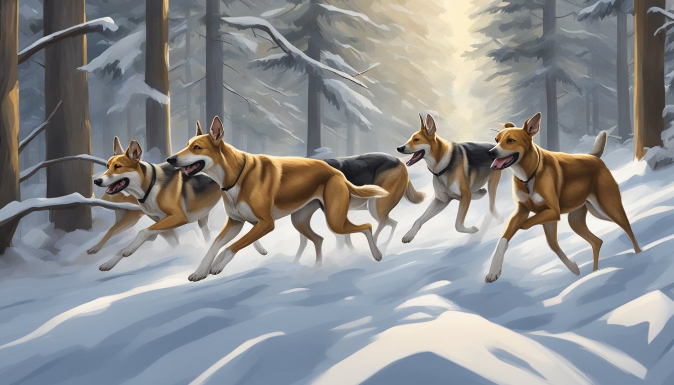 A pack of hounds pursue a deer through a dense forest, their noses to the ground as they follow the scent trail