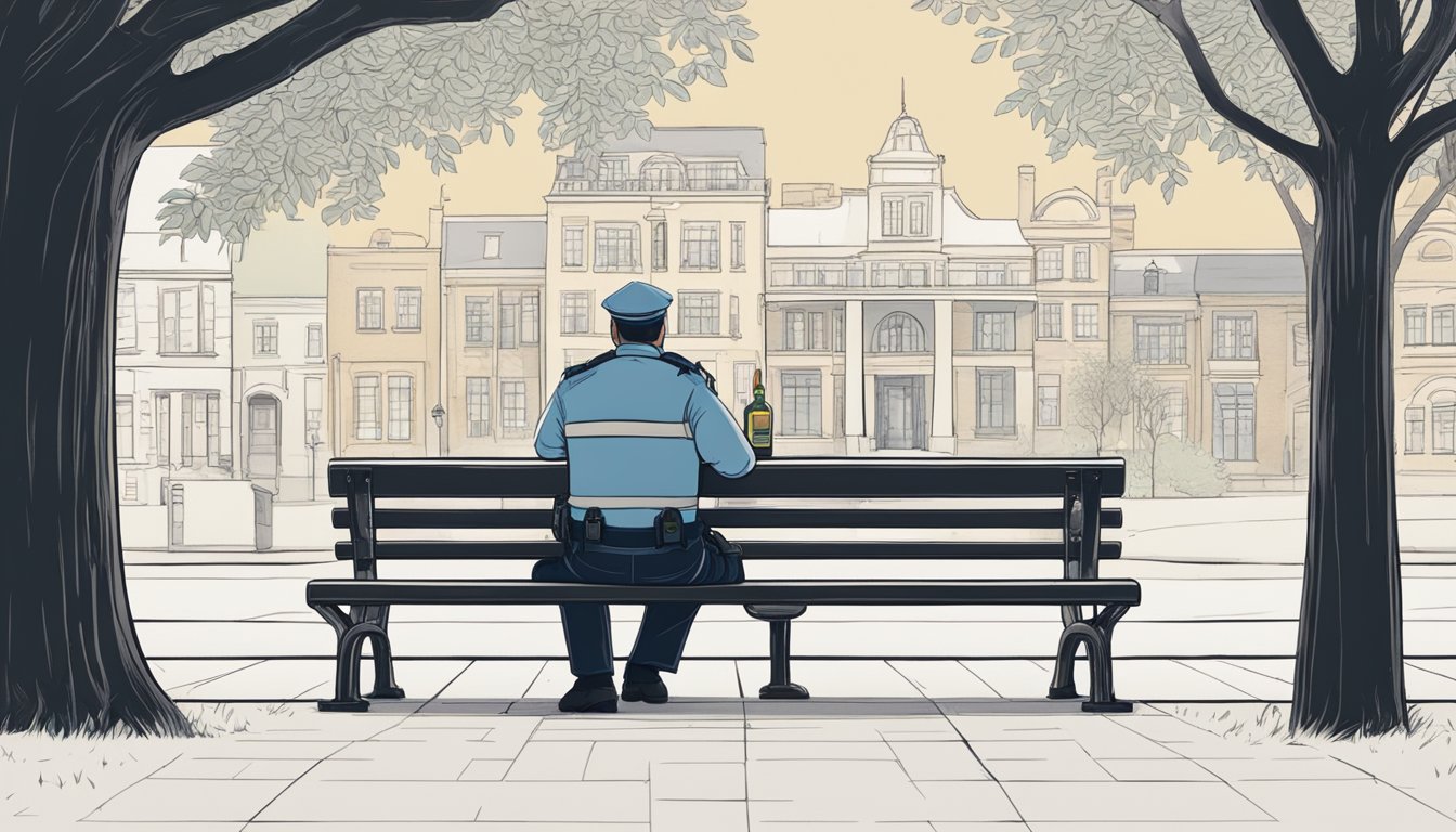 A person sitting on a park bench with a paper bag containing a bottle of alcohol next to them, while a police officer approaches