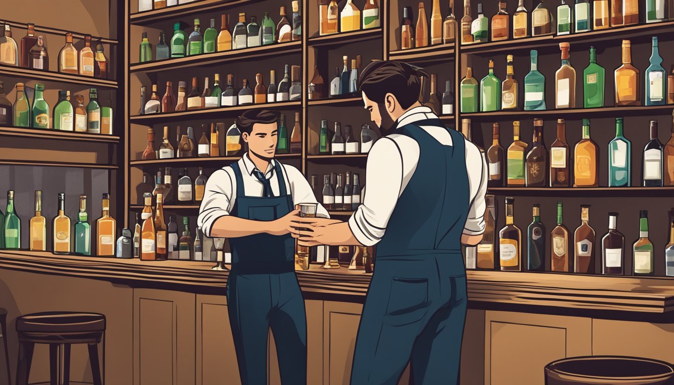 A bartender pouring a drink behind a bar, with various bottles of alcohol displayed on shelves in the background