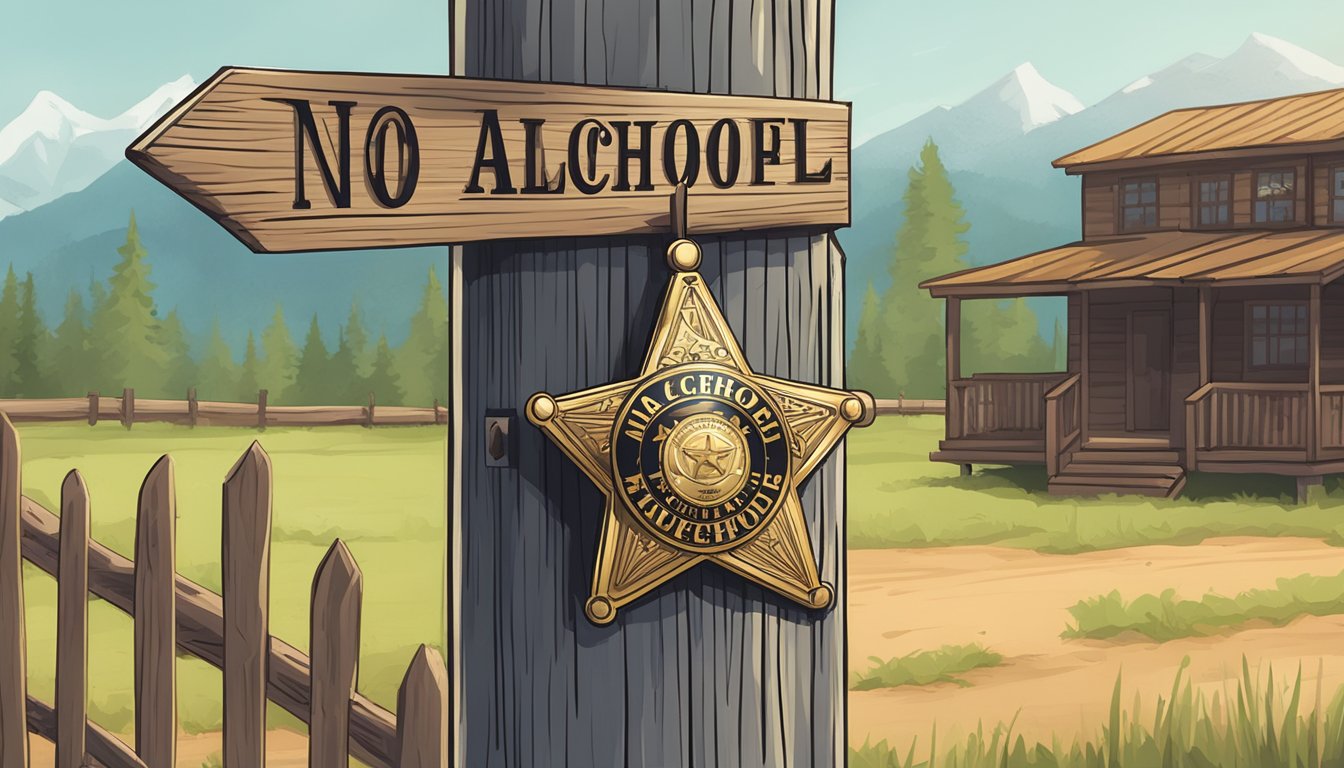 A sheriff's badge pinned to a wooden post with a "no alcohol" sign nearby