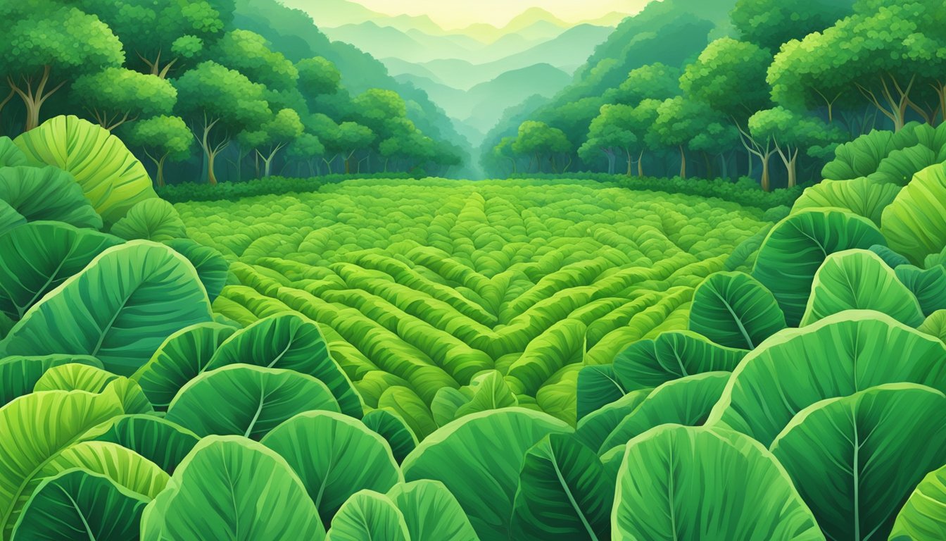 A lush green field of taro leaves, with vibrant foliage and large heart-shaped leaves, surrounded by a diverse array of other plants and trees