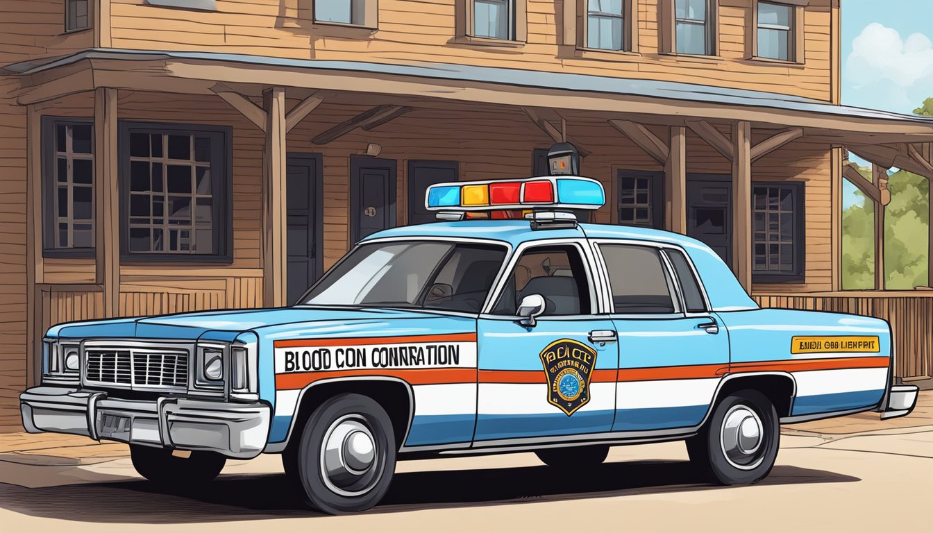 A police car parked outside a bar with a sign displaying "Blood Alcohol Concentration Limits" in Wood County, Texas