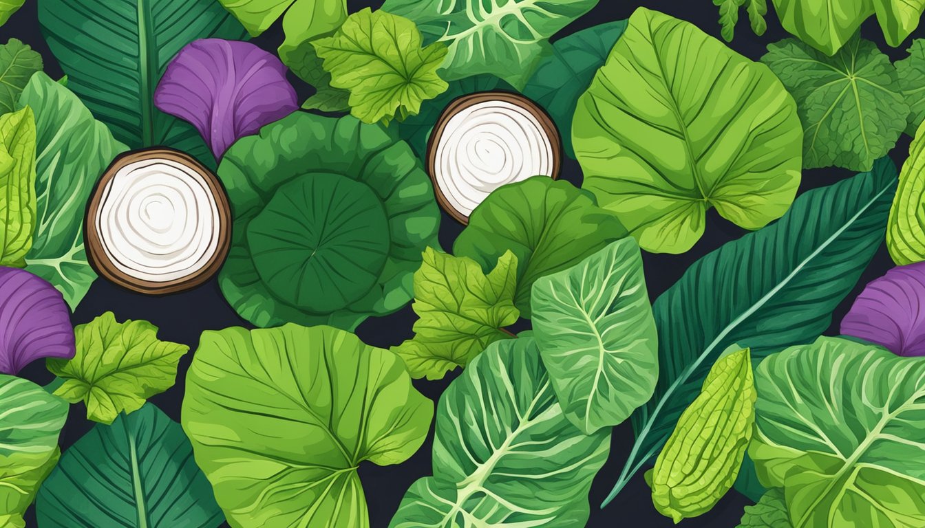 Lush taro leaves surrounded by various other leafy greens, showcasing their vibrant color and size for a nutritional comparison