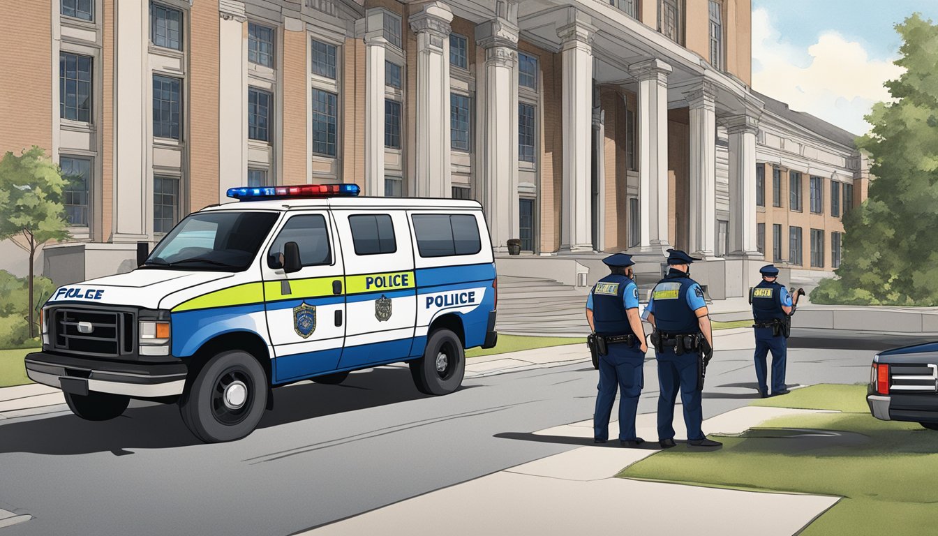 A police van parked outside a county building, with officers conducting alcohol enforcement