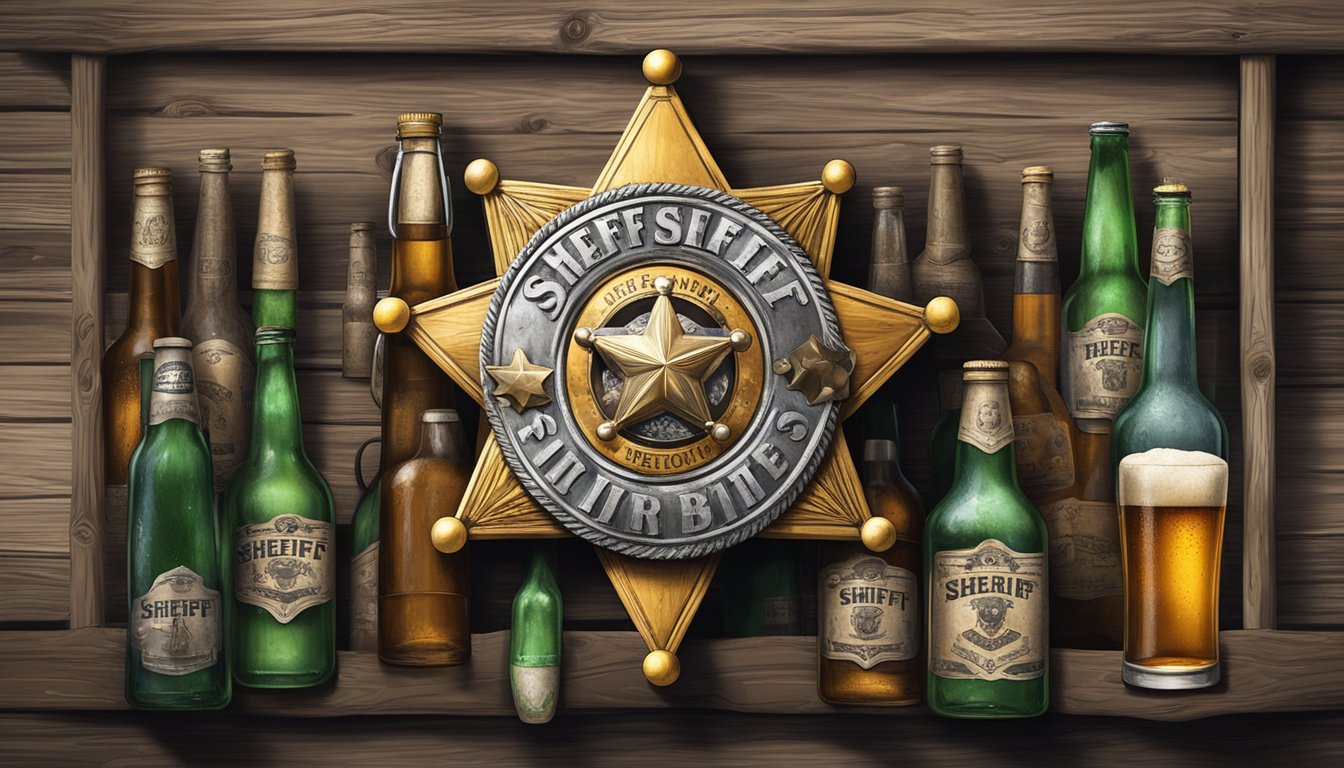 A sheriff's badge pinned to a weathered wooden signpost, surrounded by empty beer bottles and discarded liquor bottles