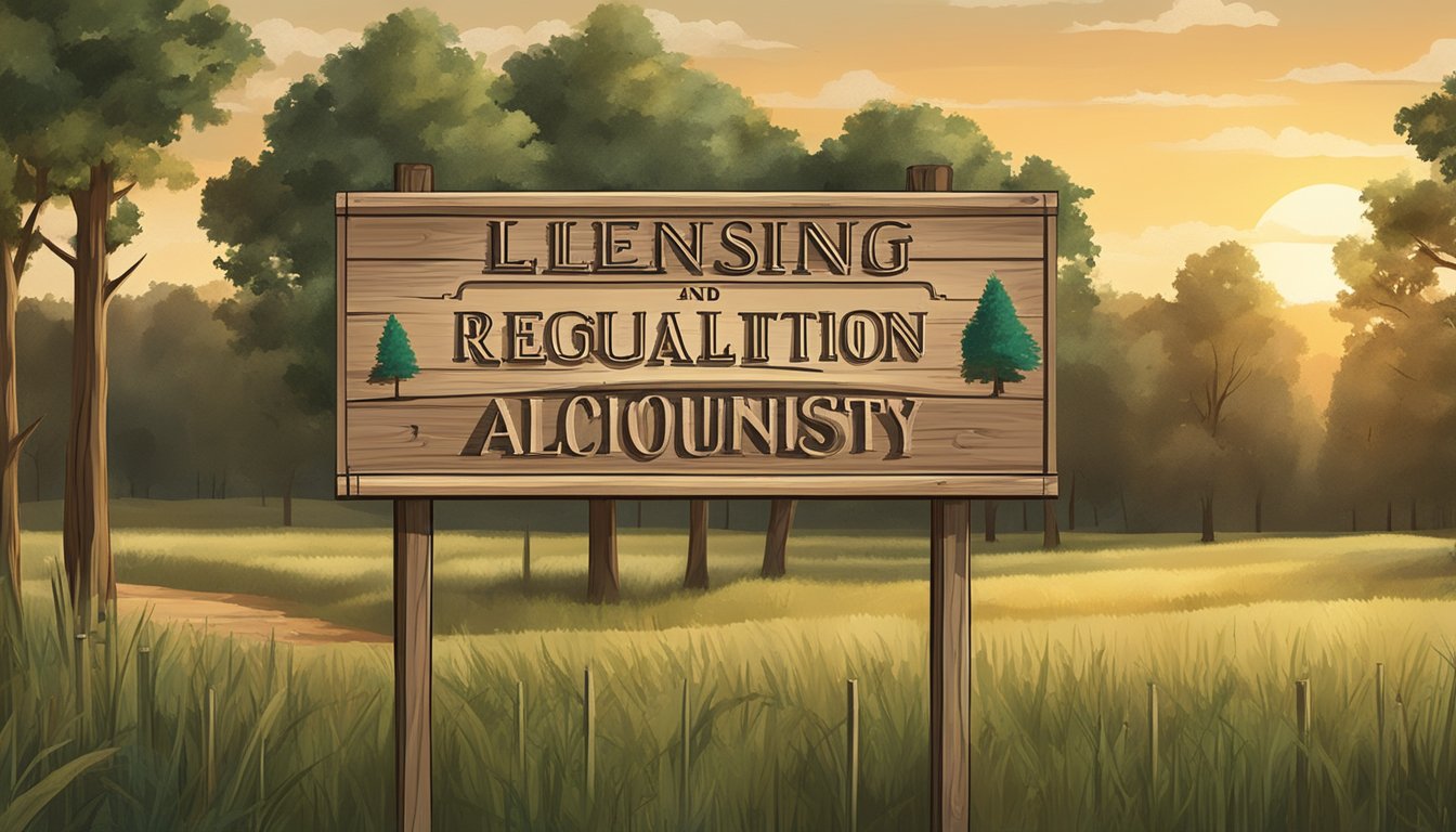 A rustic wooden sign with "Licensing and Regulation of Alcohol Industry" displayed, surrounded by trees and a serene countryside setting in Wood County, Texas