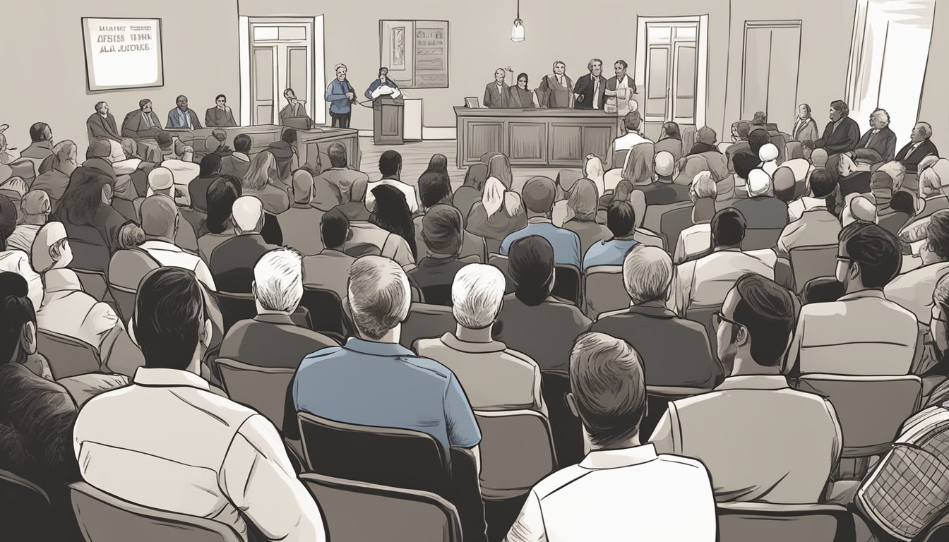 A group of people gather at a town hall to discuss and debate the alcohol and drinking laws in Van Zandt County, Texas