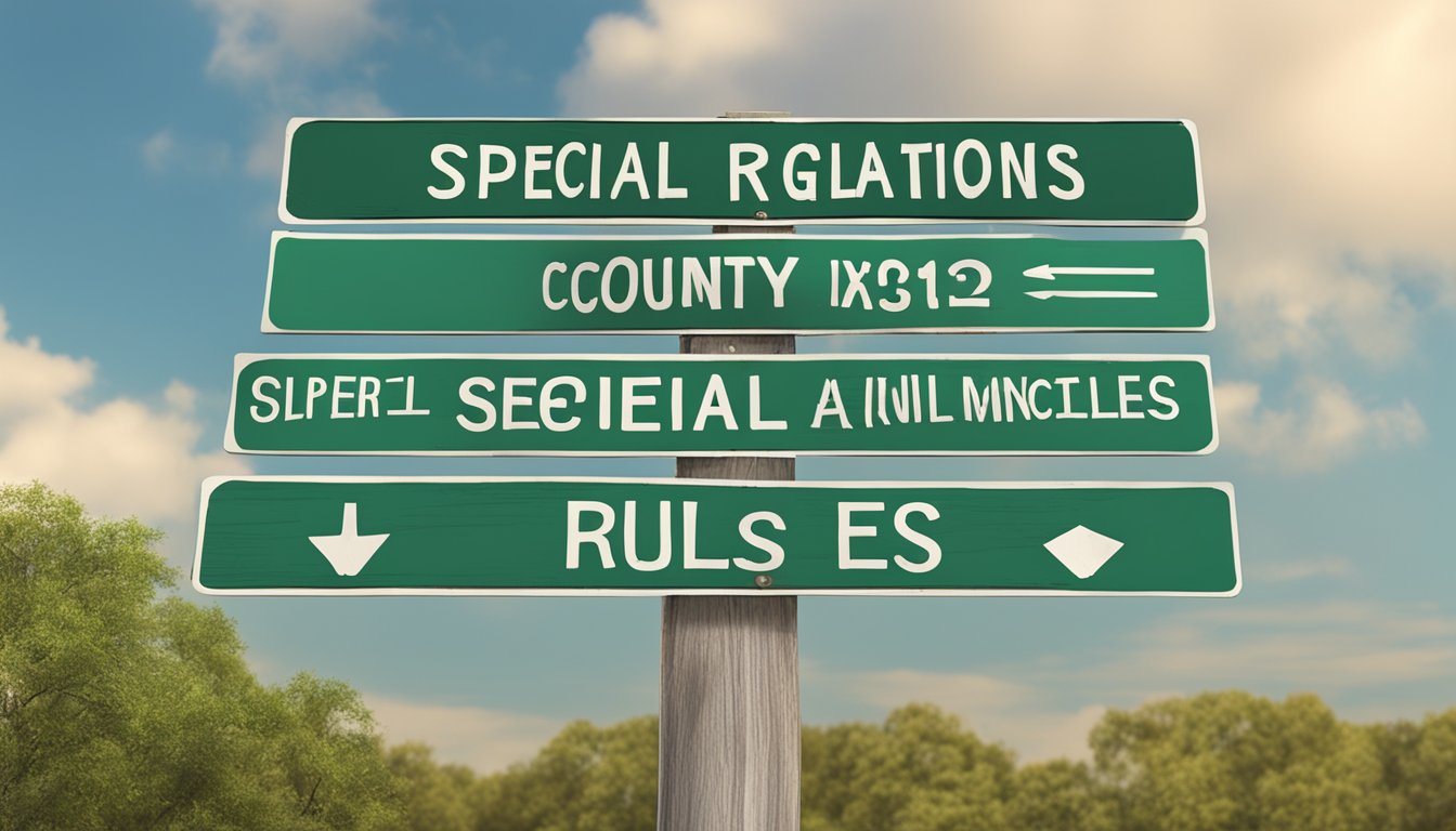 A signpost with "Special Regulations and County-Specific Rules" in Upshur County, Texas