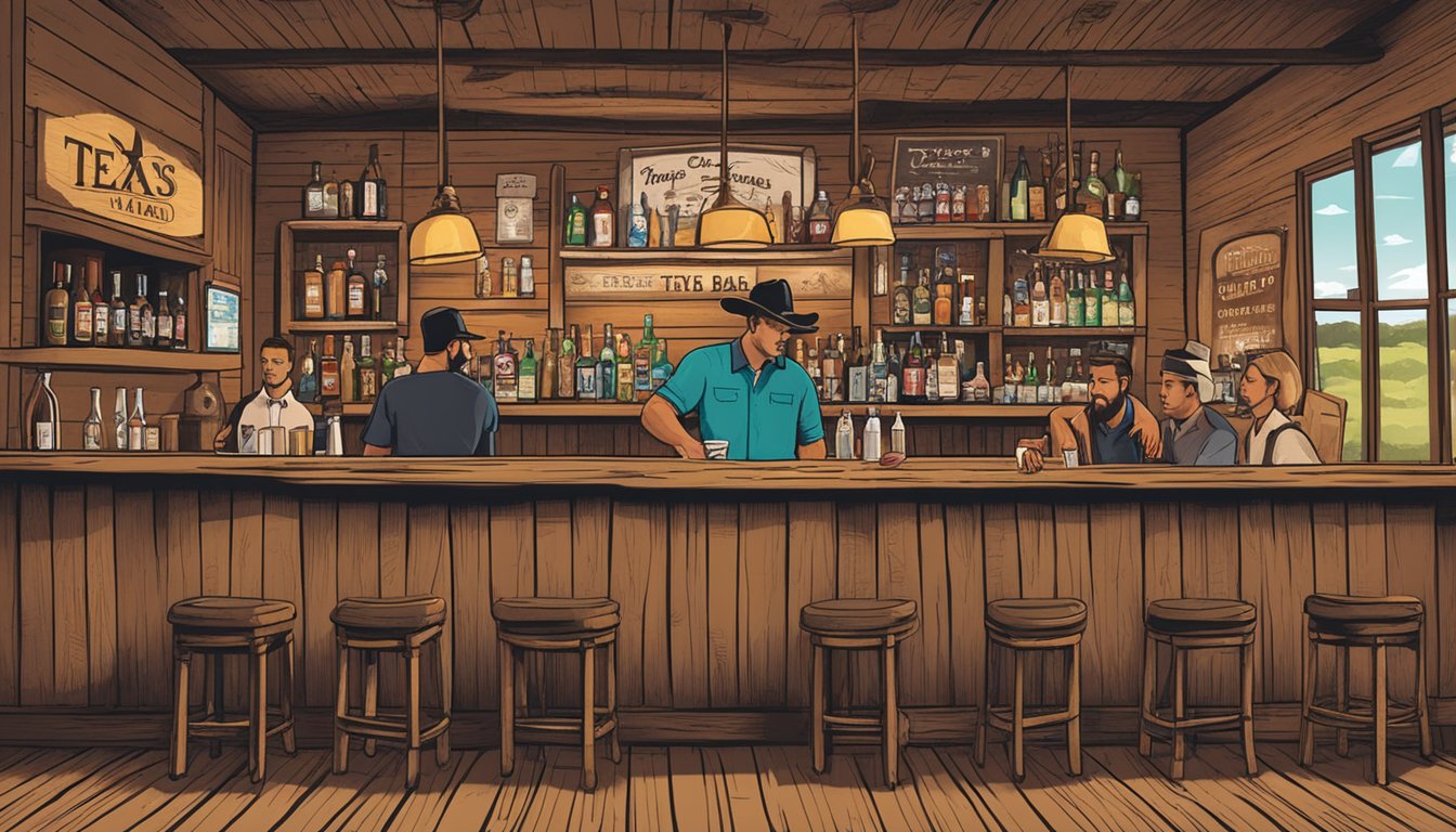 A rustic bar with a sign displaying Texas Alcoholic Beverage Laws. Patrons sit at tables while a bartender serves drinks