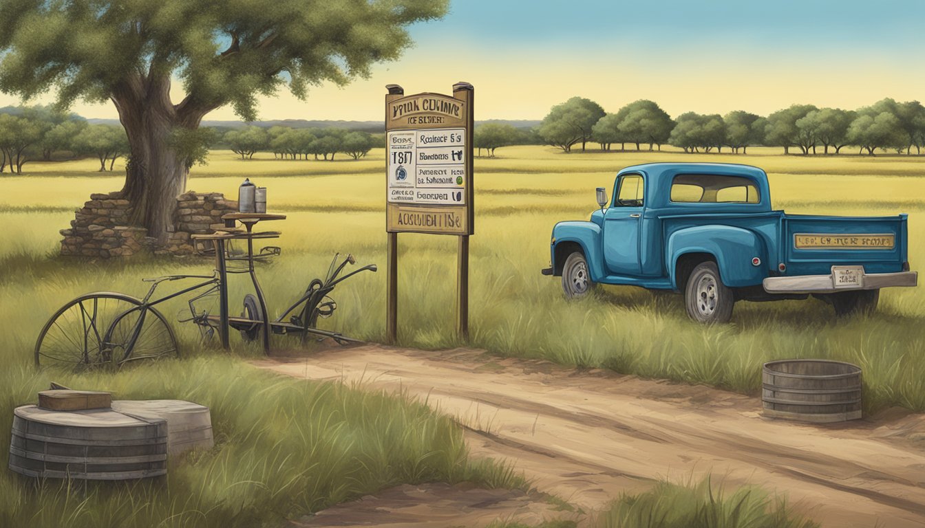 A rural Texas landscape with a sign displaying "Upton County Specific Regulations" and a depiction of alcohol and drinking laws