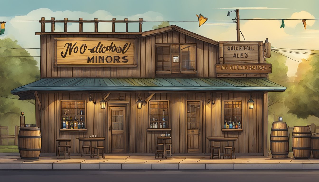 A rustic Texas bar with a "No Alcohol Sales to Minors" sign displayed prominently