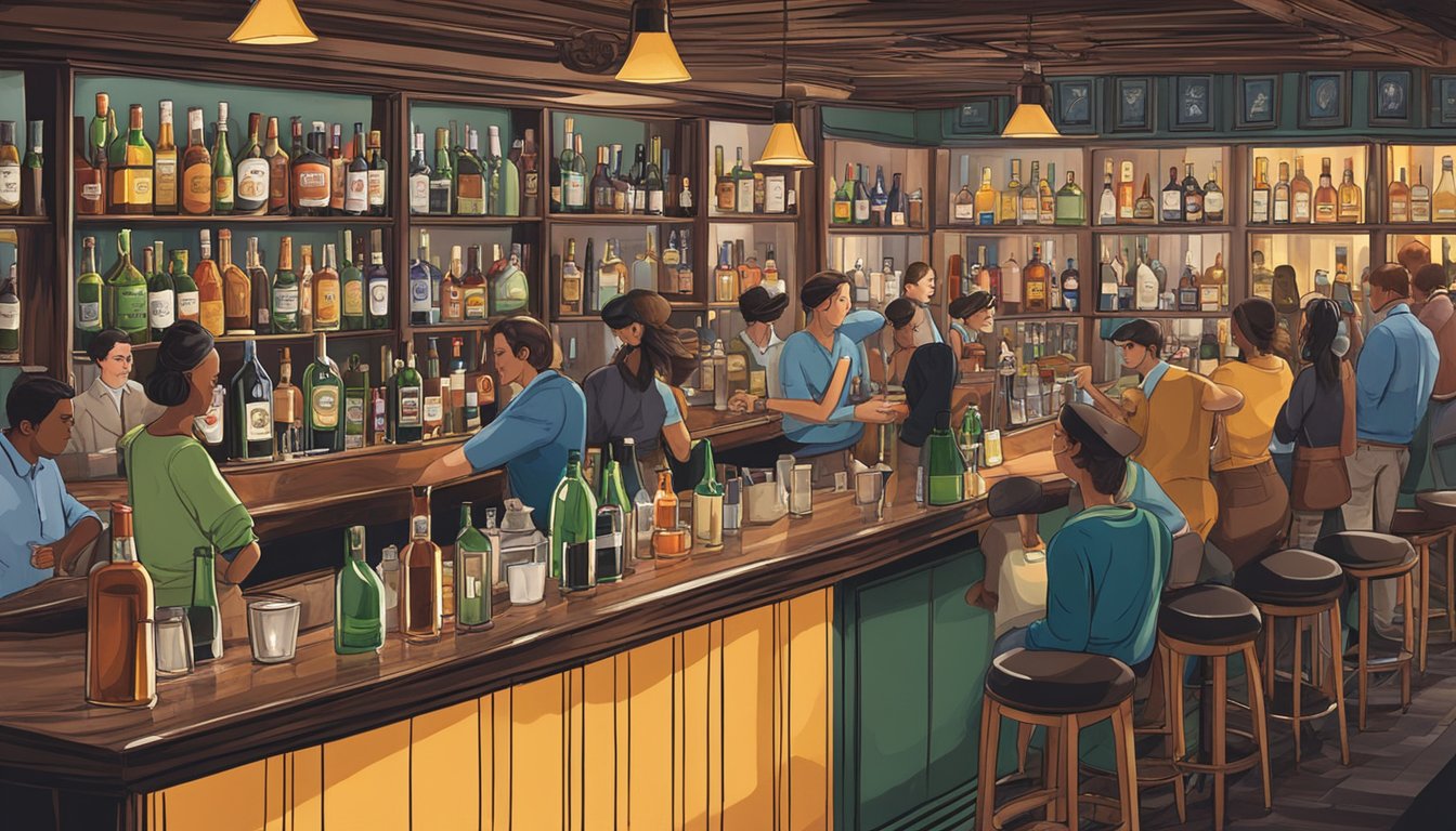 A bustling urban bar scene with patrons enjoying drinks and a bartender serving alcohol