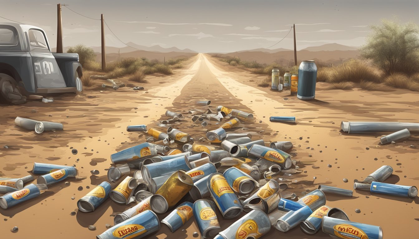 A dusty road sign with bullet holes, surrounded by empty beer cans and discarded bottles