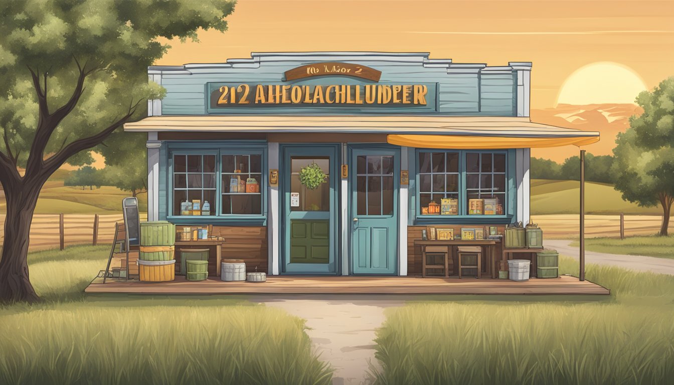 A storefront with a "no alcohol under 21" sign, surrounded by a rural Texas landscape