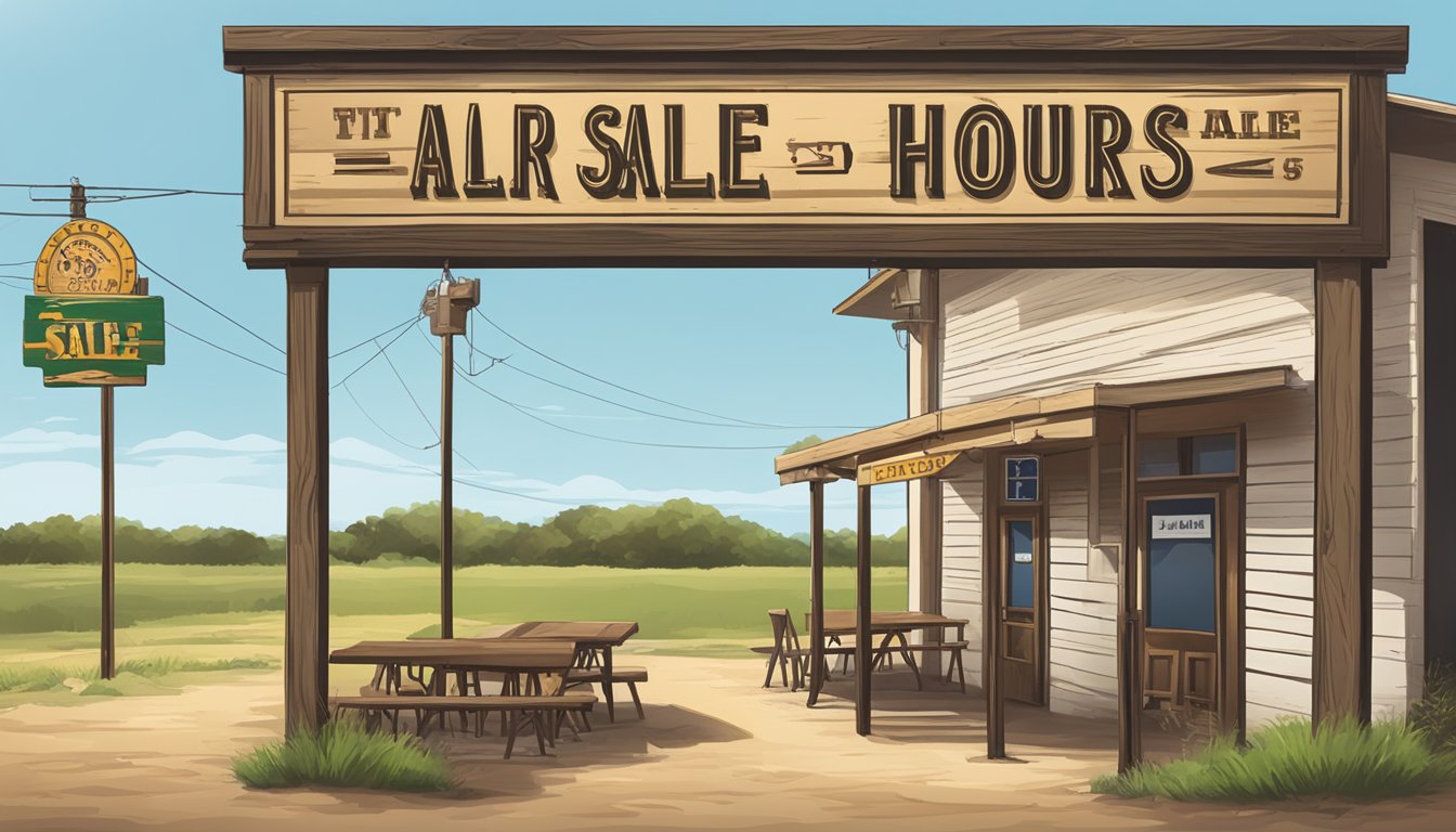 A signboard outside a rural bar displaying the operation hours and sale restrictions in Uvalde County, Texas